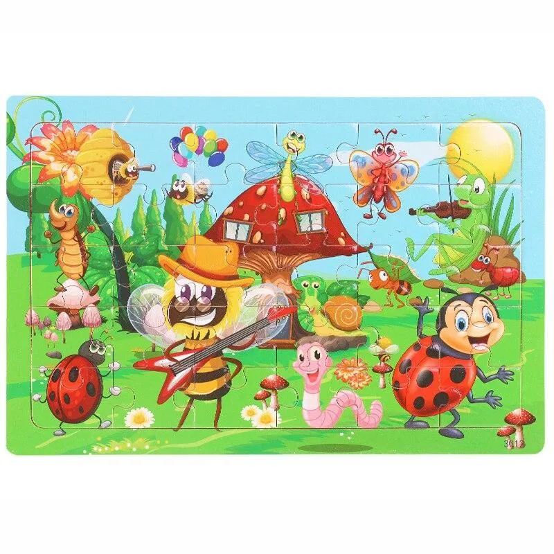 30 Pieces Wooden Toy Jigsaw Puzzle Cartoon Animal Vehicle Kid Early Learning Baby Educational Toys for Children Puzzles