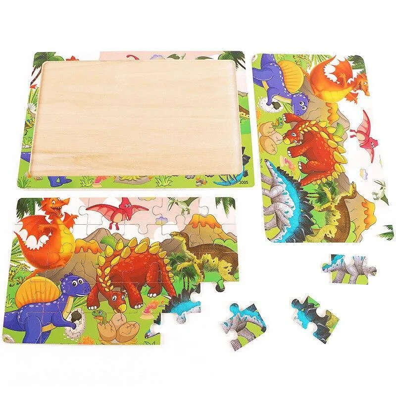 30 Pieces Wooden Toy Jigsaw Puzzle Cartoon Animal Vehicle Kid Early Learning Baby Educational Toys for Children Puzzles