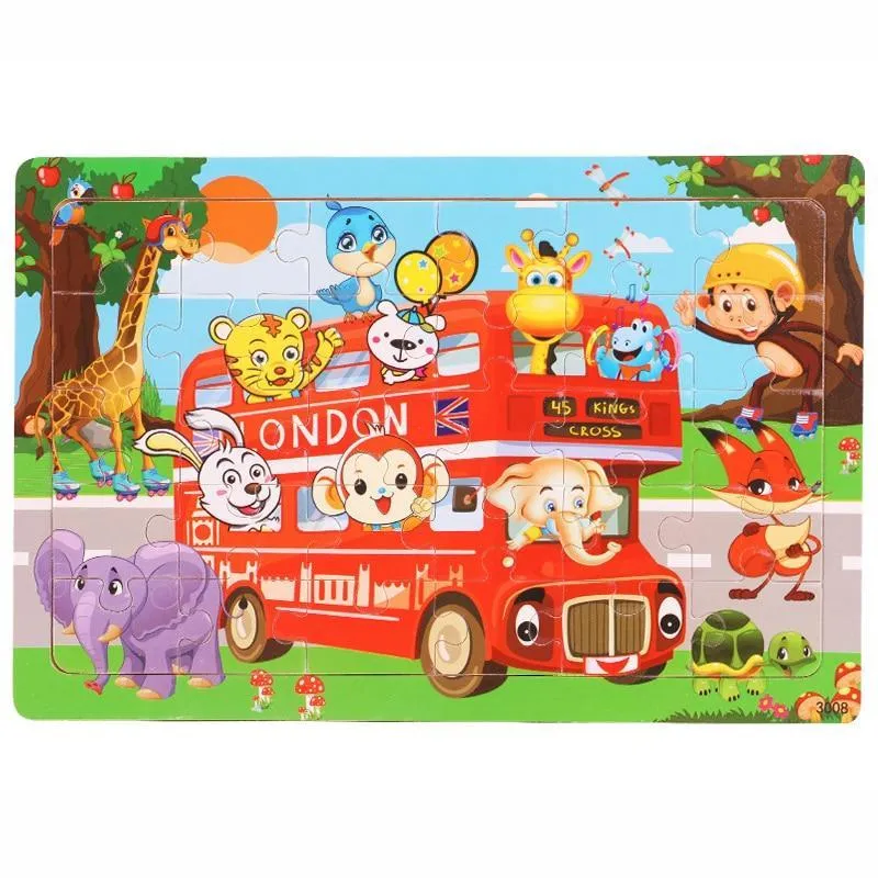 30 Pieces Wooden Toy Jigsaw Puzzle Cartoon Animal Vehicle Kid Early Learning Baby Educational Toys for Children Puzzles