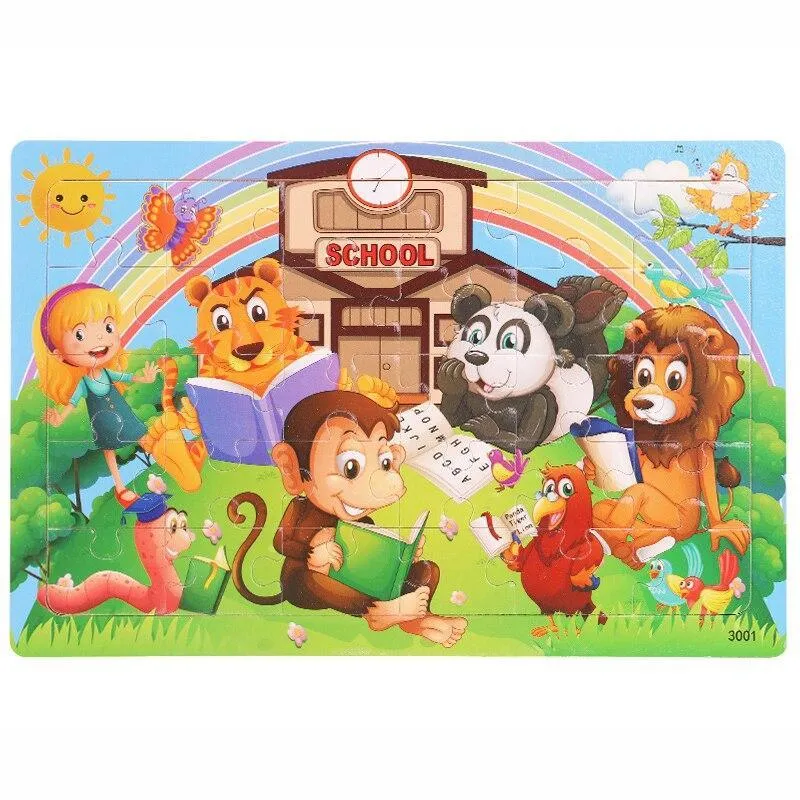 30 Pieces Wooden Toy Jigsaw Puzzle Cartoon Animal Vehicle Kid Early Learning Baby Educational Toys for Children Puzzles