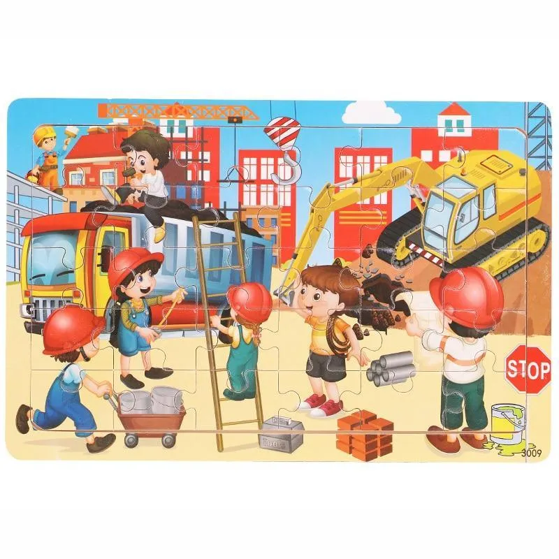 30 Pieces Wooden Toy Jigsaw Puzzle Cartoon Animal Vehicle Kid Early Learning Baby Educational Toys for Children Puzzles