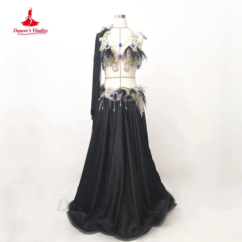 Belly Dance Clothes Women Customsized Senior AB Stones Bra belt satin Long Skirt 3pcs Oriental Belly Dance Performance Suit