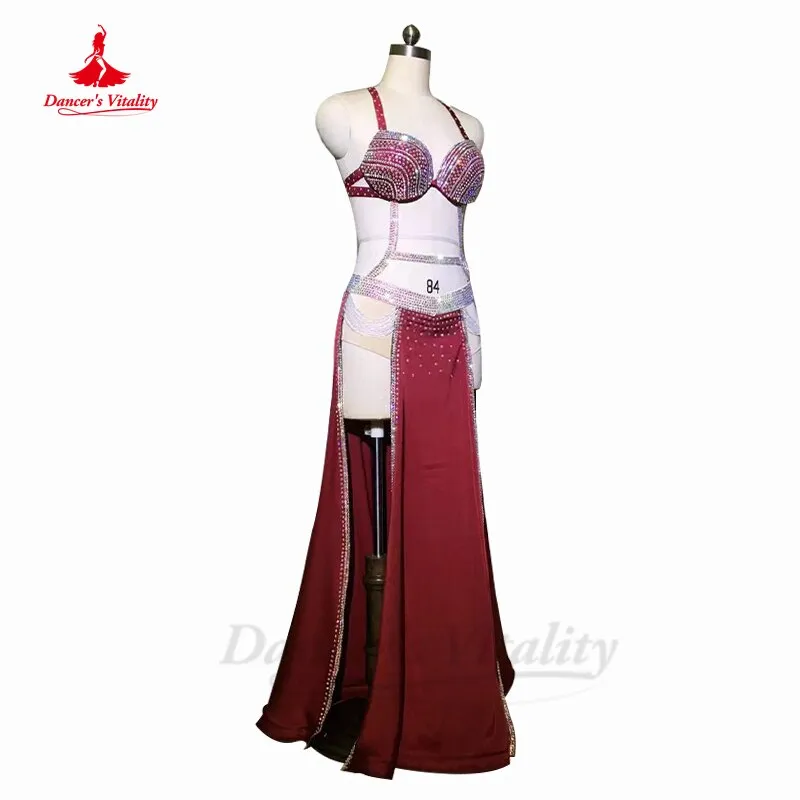 Belly Dance Clothing Performance Clothing Hanf Made Full Stones Bra split Long Skirt 2pcs Customization Child Adult Dance Outfit