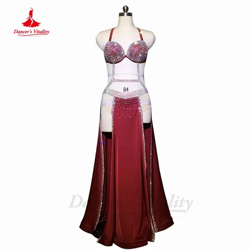 Belly Dance Clothing Performance Clothing Hanf Made Full Stones Bra split Long Skirt 2pcs Customization Child Adult Dance Outfit