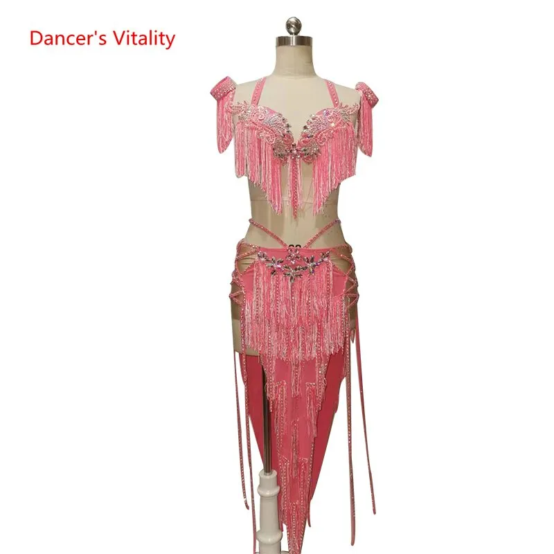 Belly Dance Competition Outfits Customized Bra Diamond Tassel Skirt Set Oriental Indian Drum Dancing Stage Performance Costume