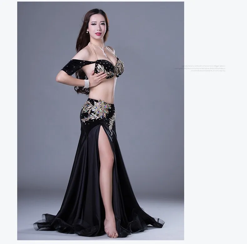 Belly Dance Competiton Costume Senior Velvet Bra split Long Skirt 2pcs for Women Oriental Belly Dancing Performance Clothing