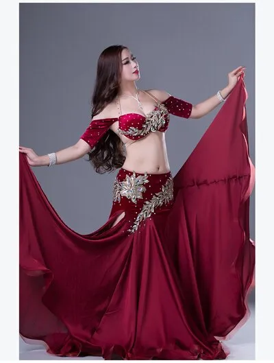 Belly Dance Competiton Costume Senior Velvet Bra split Long Skirt 2pcs for Women Oriental Belly Dancing Performance Clothing