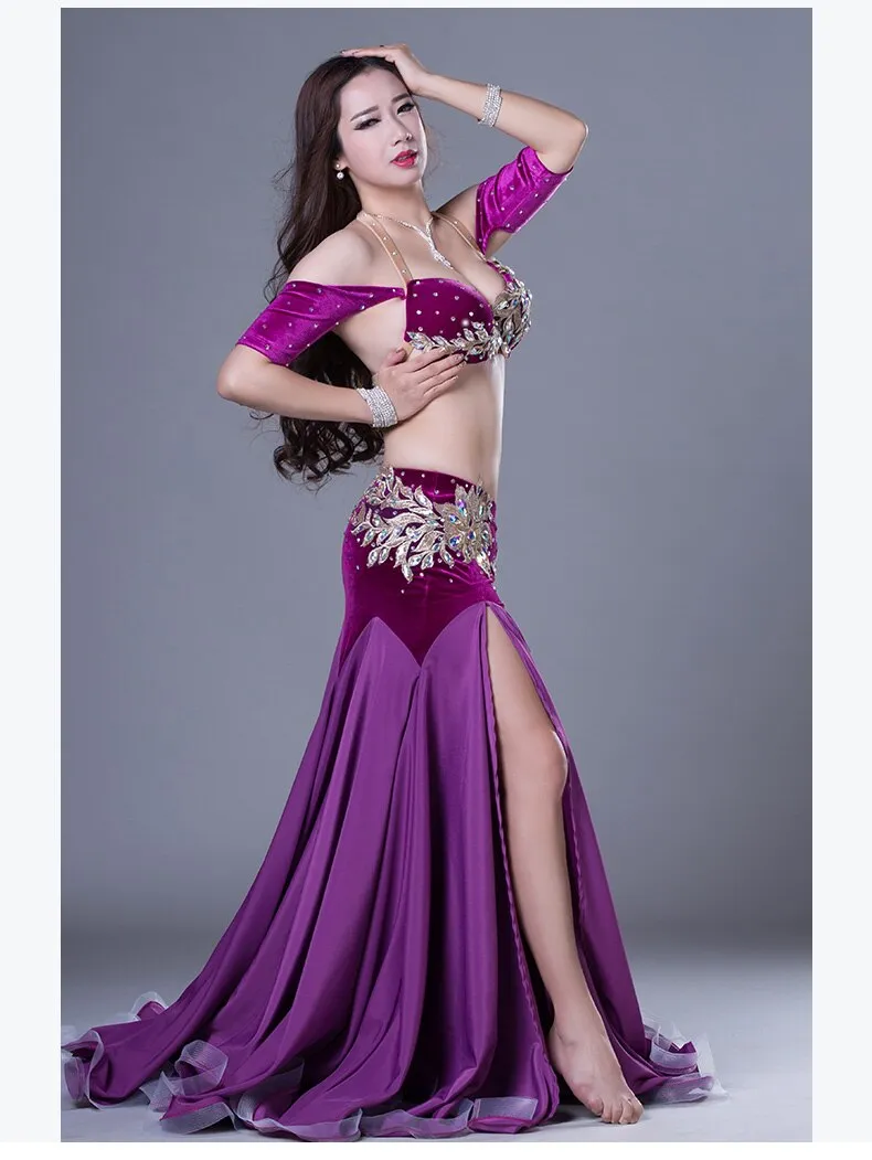 Belly Dance Competiton Costume Senior Velvet Bra split Long Skirt 2pcs for Women Oriental Belly Dancing Performance Clothing