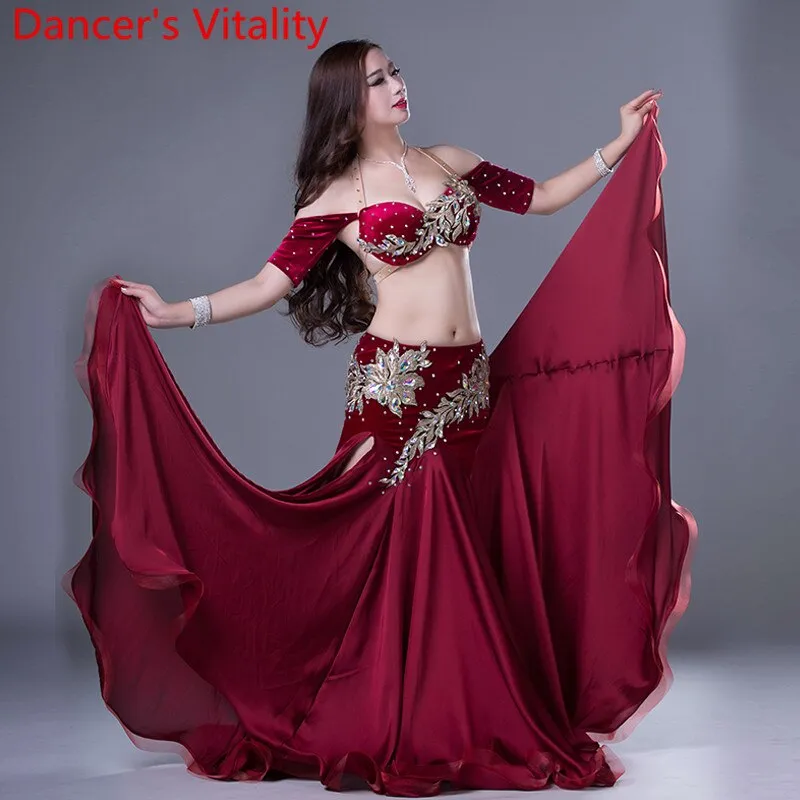 Belly Dance Competiton Costume Senior Velvet Bra split Long Skirt 2pcs for Women Oriental Belly Dancing Performance Clothing