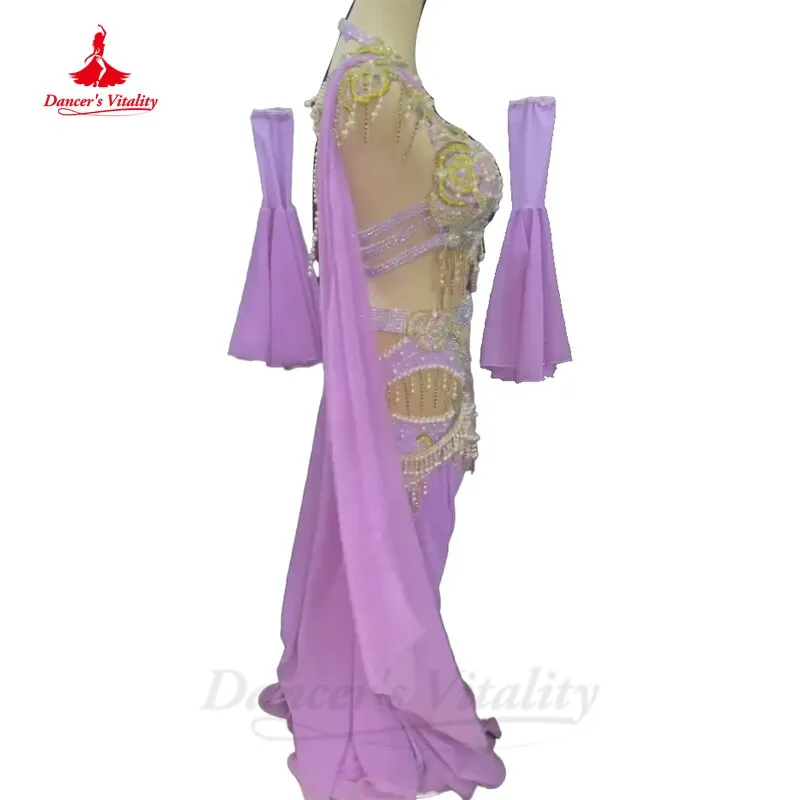 Belly Dance Costume Set High-End Custom Seinor Stones Bra long Skirt Sleeves 3pcs Female Oriental Belly Dancing Performance Suit