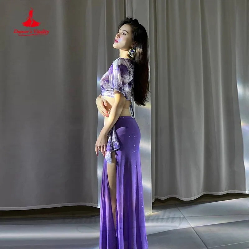 Belly Dance Costume Set Women Gauze Printing Short Sleeves Top long Skirt 2pcs Training Suit Clothes Girl's Bellydance Outfit