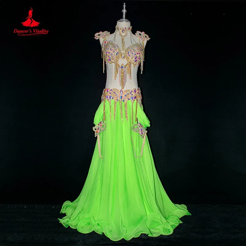 Belly Dance Costume Suit Women Customsized AB Stones Bra belt accessories chiffon Long Skirt 4pcs Female Belly Dancing Outfit