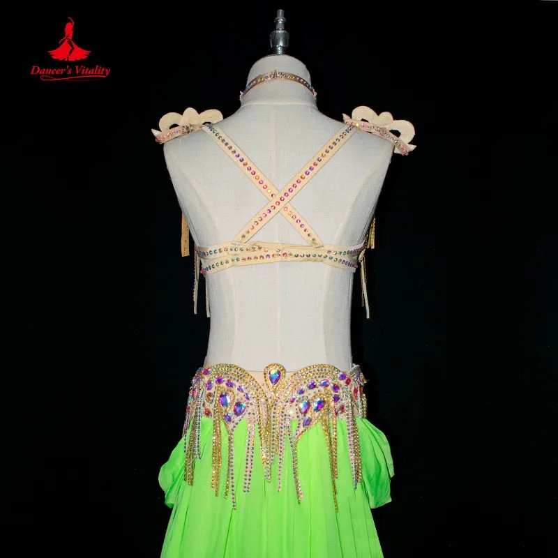 Belly Dance Costume Suit Women Customsized AB Stones Bra belt accessories chiffon Long Skirt 4pcs Female Belly Dancing Outfit