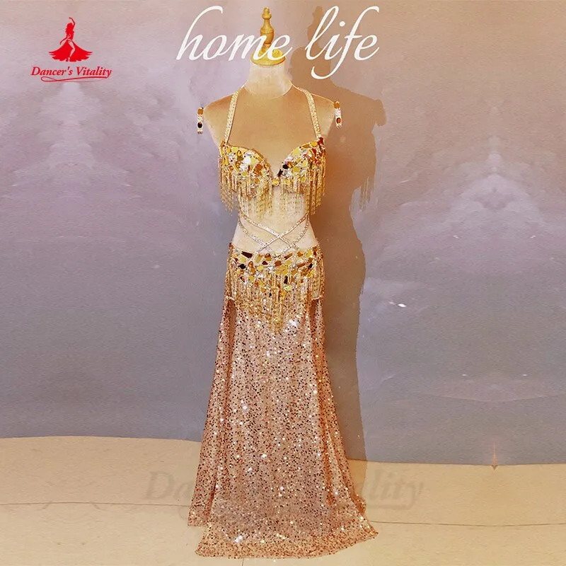 Belly Dance Professional Costume Suit Senior Sequins Bra split Long Skirt 2pcs for Women Customsized Oriental Bellydancing Wear