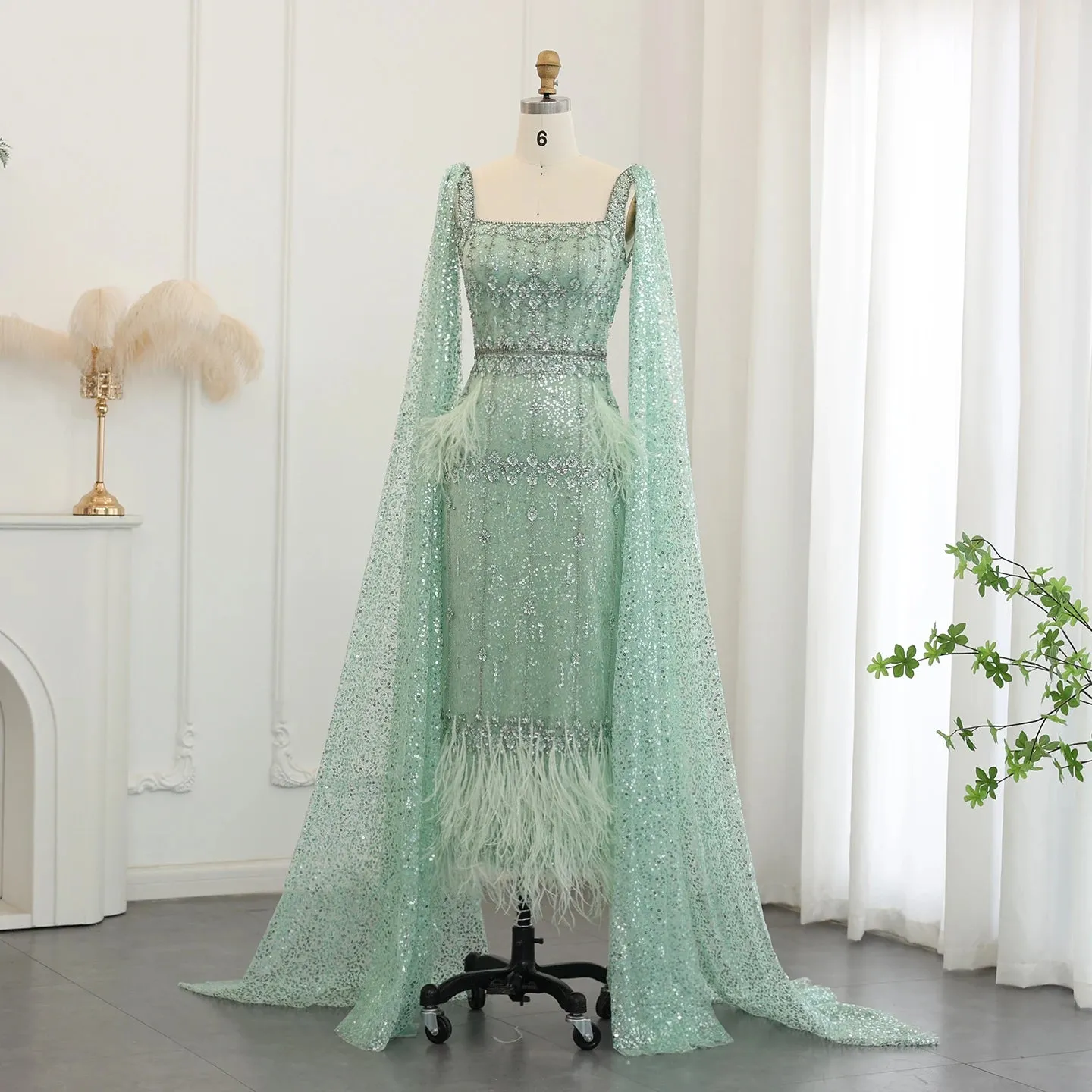 Bling Gray Mermaid Arabic Evening Dress with Cape Luxury Feather Dubai Formal Dresses for Women Wedding Party