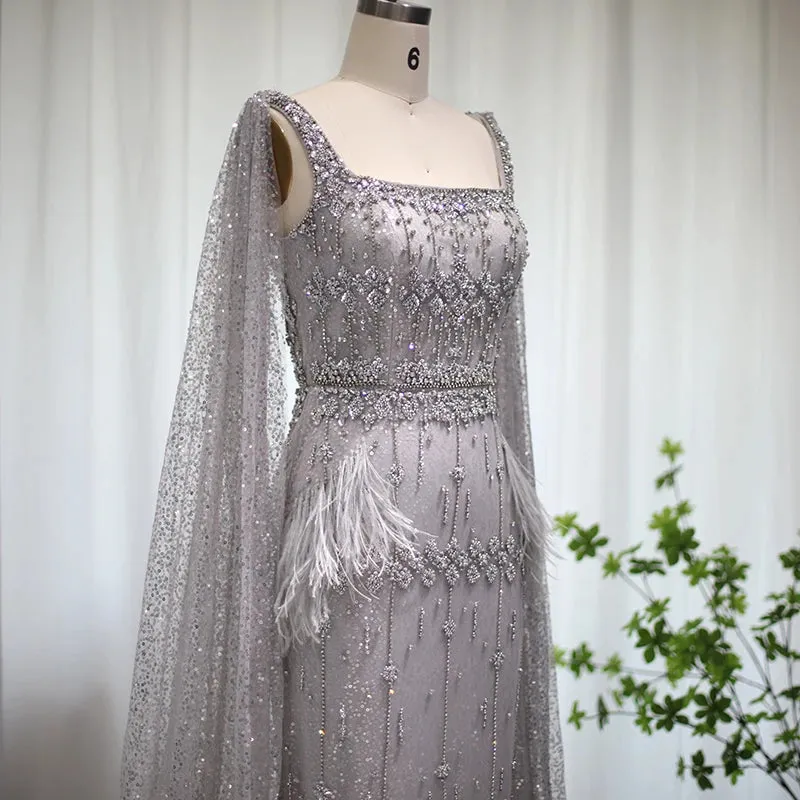 Bling Gray Mermaid Arabic Evening Dress with Cape Luxury Feather Dubai Formal Dresses for Women Wedding Party