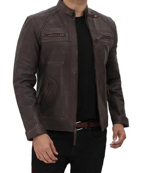 Distressed Dark Brown Quilted Leather Biker Jacket for Men