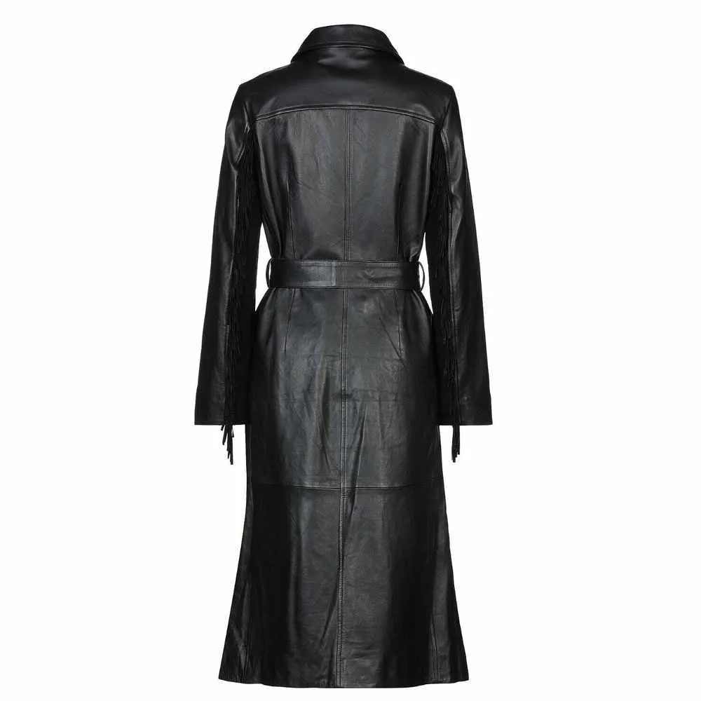 Double Breast Trench Black Leather Coat Women