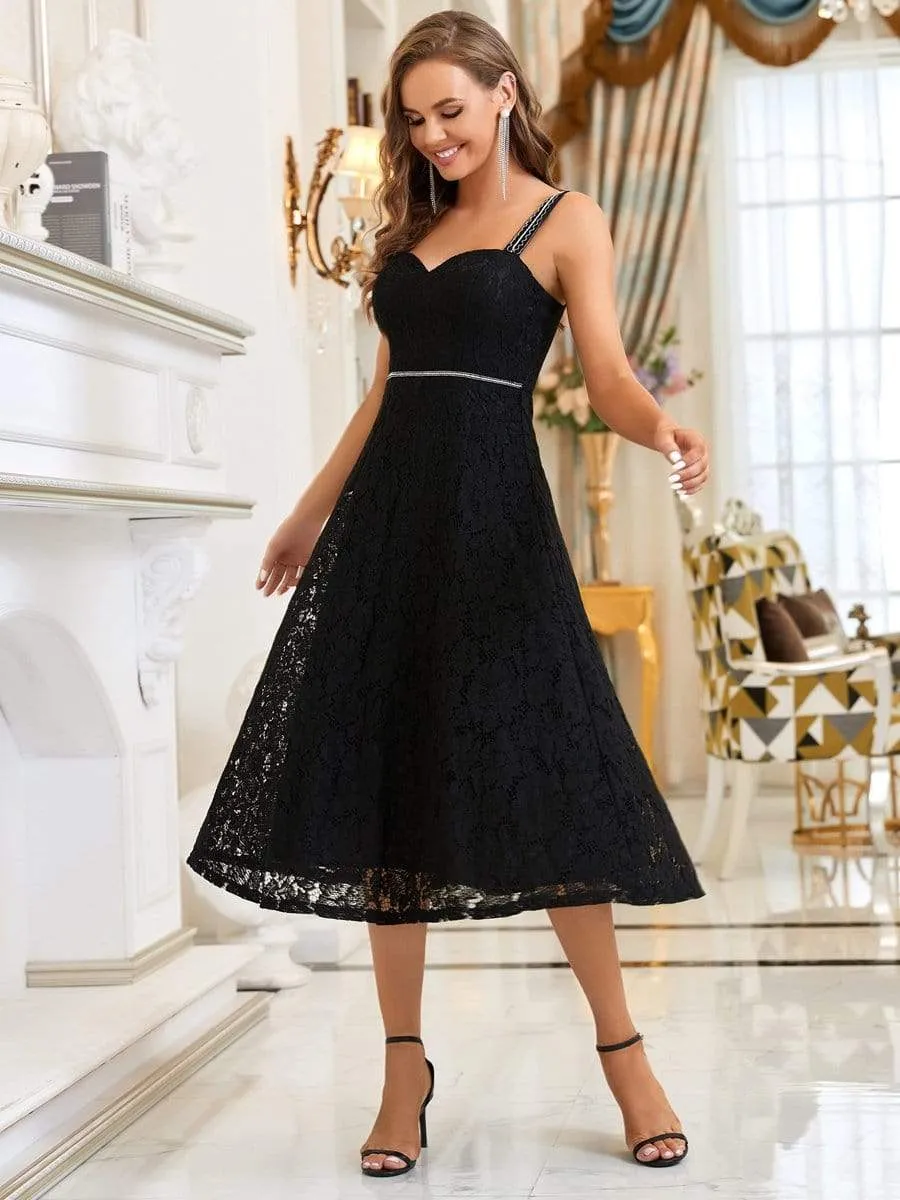 Elegant Beaded Strap Sweetheart Midi Lace Evening Dress