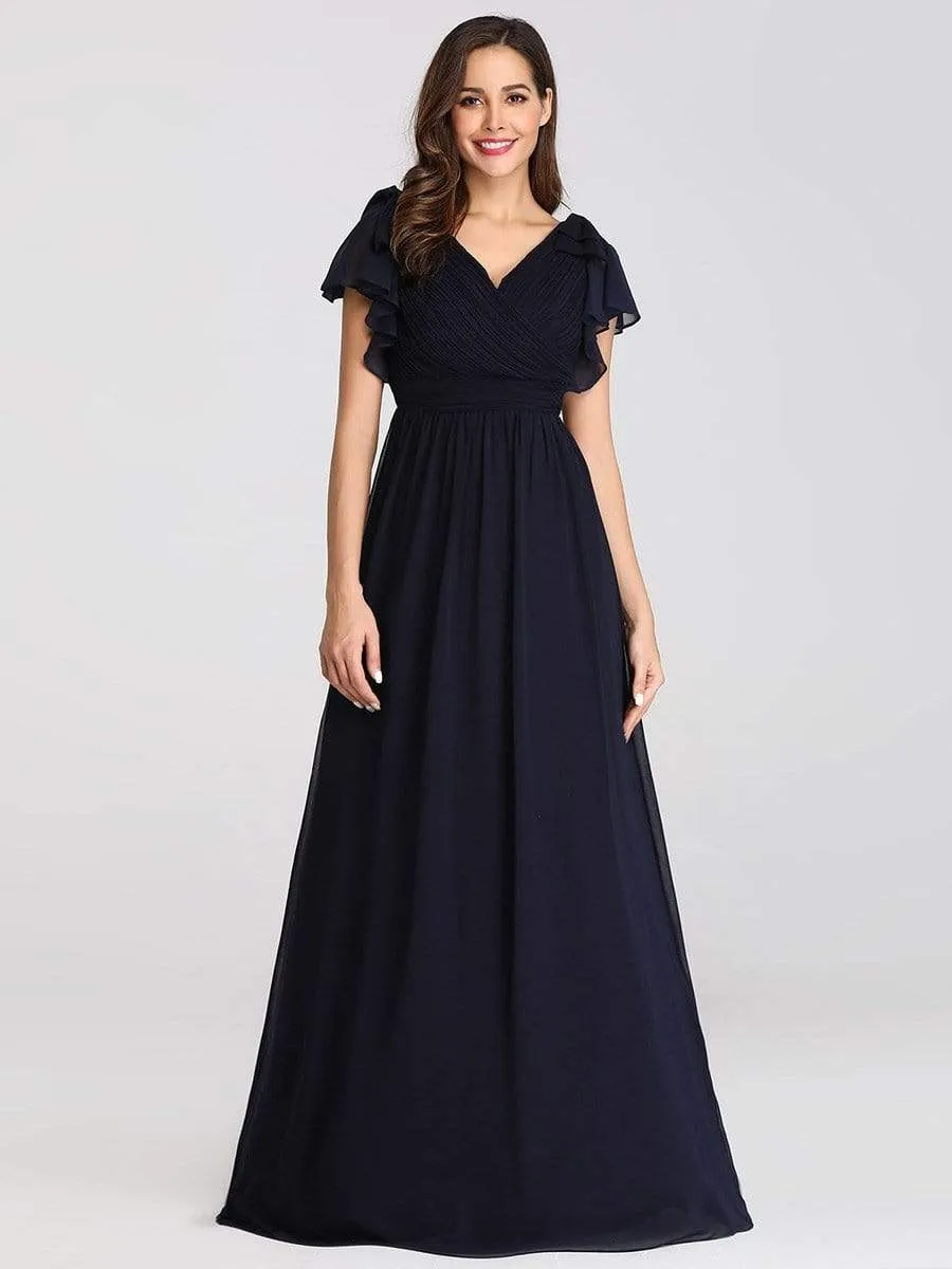 Elegant Pleated Bodice Ruffles Sleeves Chiffon Evening Dress