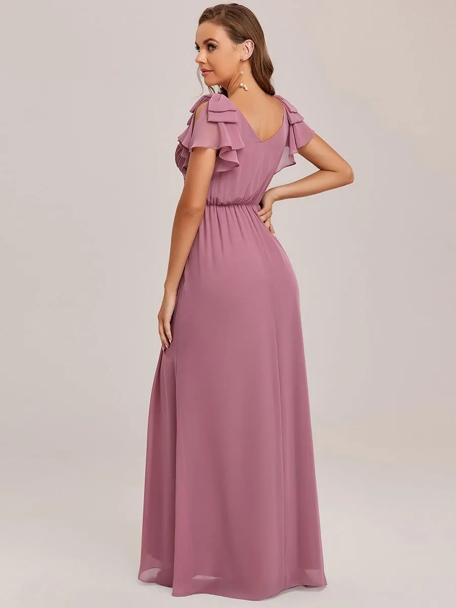 Elegant Pleated Bodice Ruffles Sleeves Chiffon Evening Dress