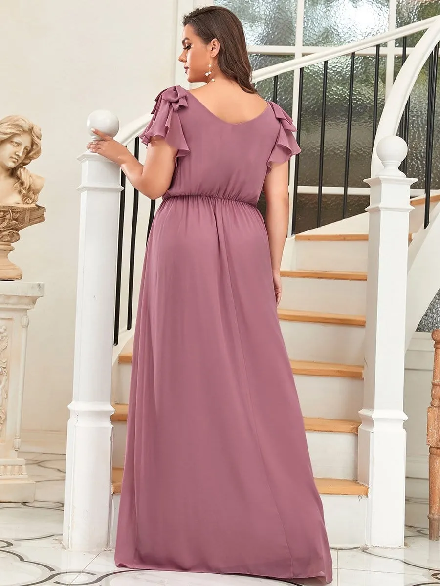 Elegant Pleated Bodice Ruffles Sleeves Chiffon Evening Dress