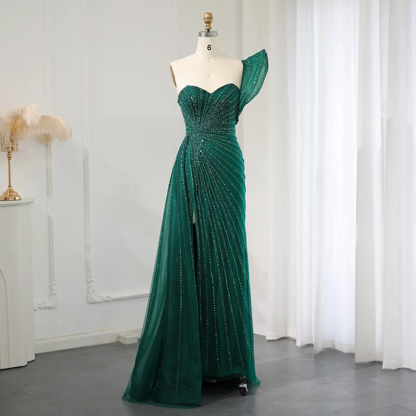 Emerald Green One Shoulder Mermaid Evening Dresses for Women Wedding Party High Slit Long Prom Formal Gowns