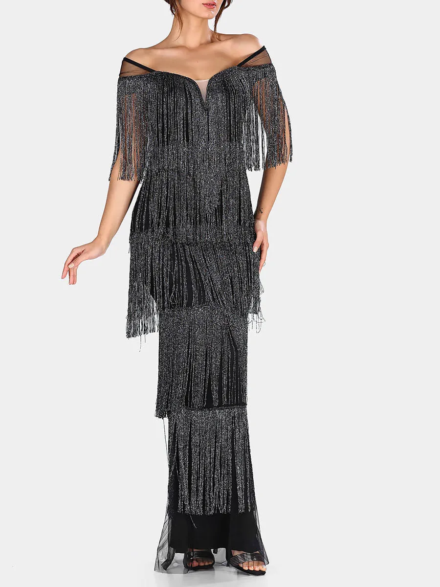 Fashion Fringed One-shoulder Evening Dress