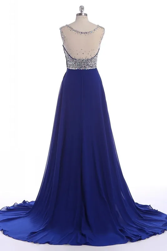 Flowy Royal Blue Chiffon Evening Dress Long Prom Dress,21121304