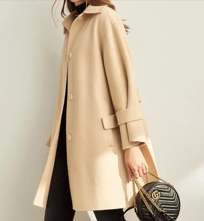 handmade Woolen coat Women Winter Long Wool Coat Jacket Waist Belt/7788