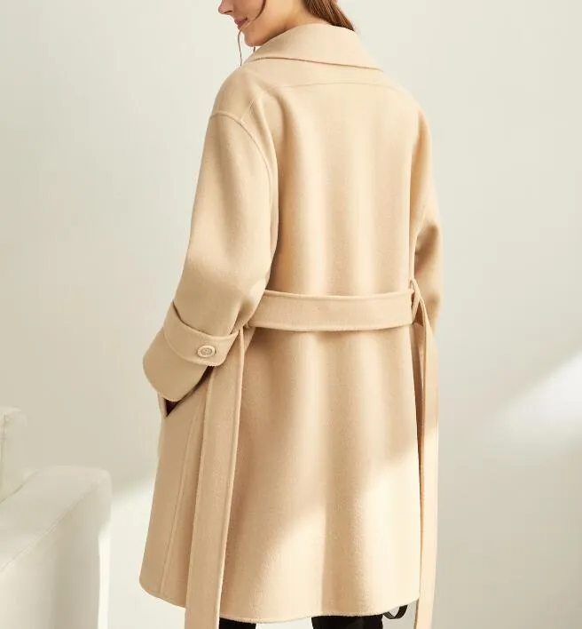 handmade Woolen coat Women Winter Long Wool Coat Jacket Waist Belt/7788