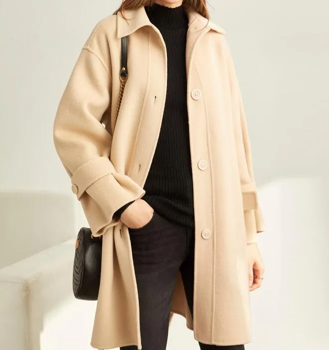 handmade Woolen coat Women Winter Long Wool Coat Jacket Waist Belt/7788