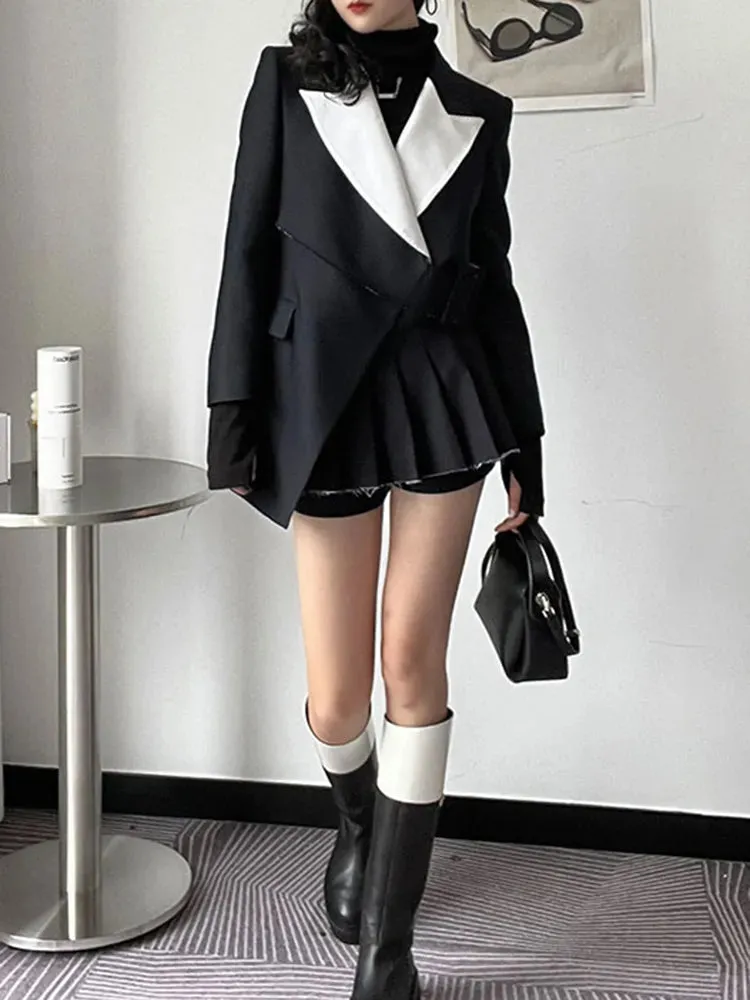 Hit Color Spring Blazers For Women Notched Collar Long Sleeve Splcied Belt Asymmetrica Blazer Female Fashion