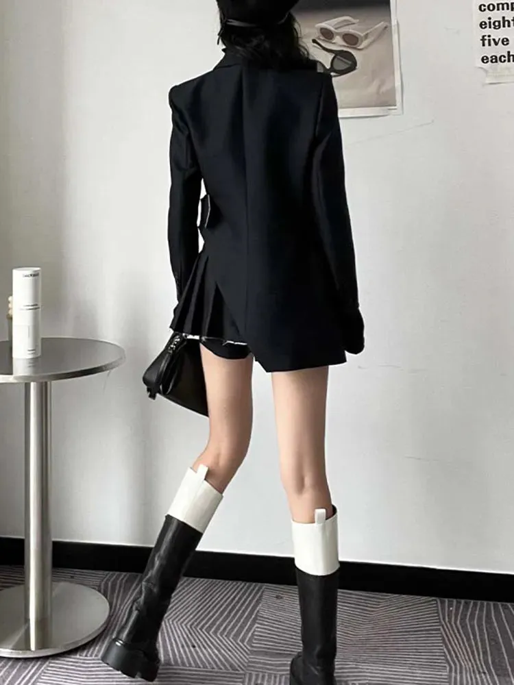 Hit Color Spring Blazers For Women Notched Collar Long Sleeve Splcied Belt Asymmetrica Blazer Female Fashion