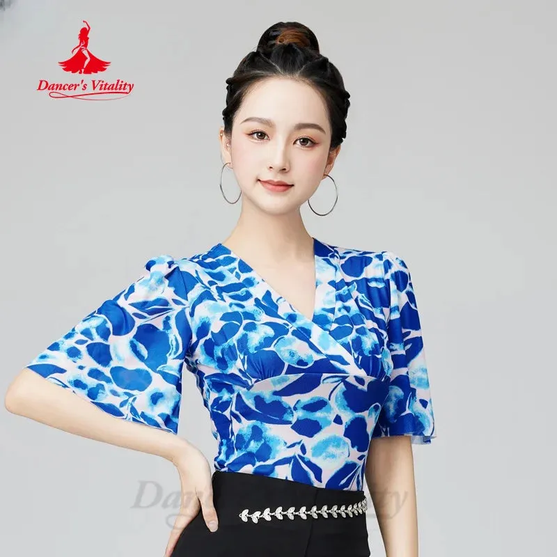 Latin Dance Costume Customization V-neck Trumpet Sleeve Top for Adult Women Tango Cha Cha Samba Professional Practice Clothes