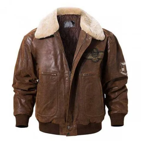 Men's Brown Lambskin Leather Bomber Jacket with Removable Shearling Collar