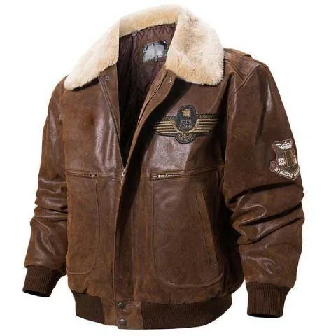 Men's Brown Lambskin Leather Bomber Jacket with Removable Shearling Collar