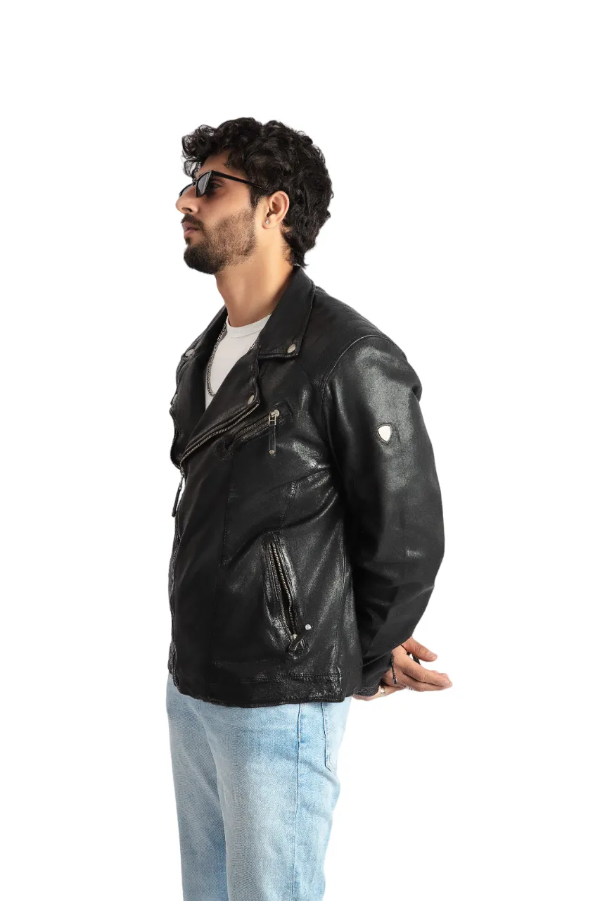 Mens Classic Brando Biker Style Black Leather Jacket - ELM4