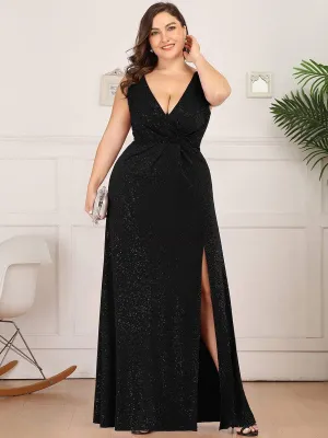 Plus Size Shiny V Neck Side Split Evening Dress