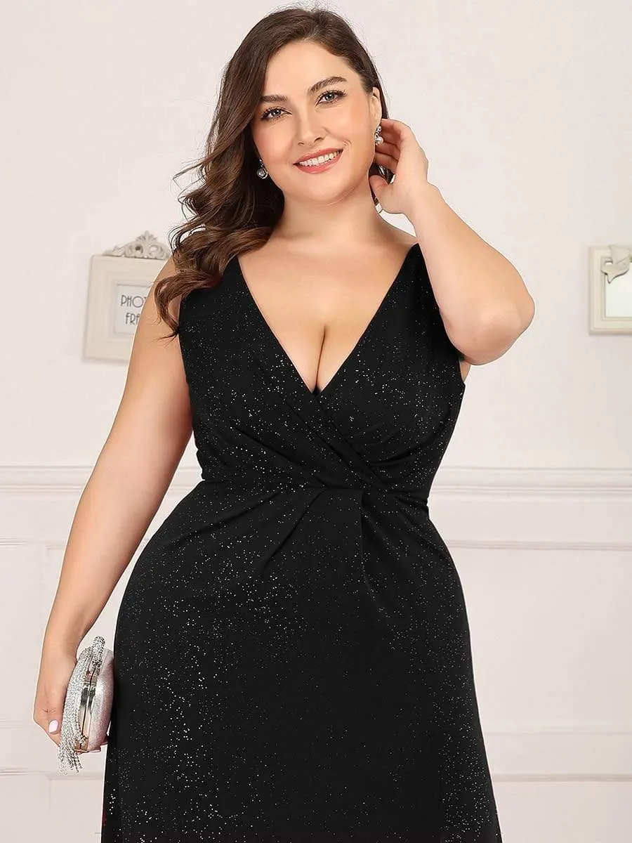 Plus Size Shiny V Neck Side Split Evening Dress