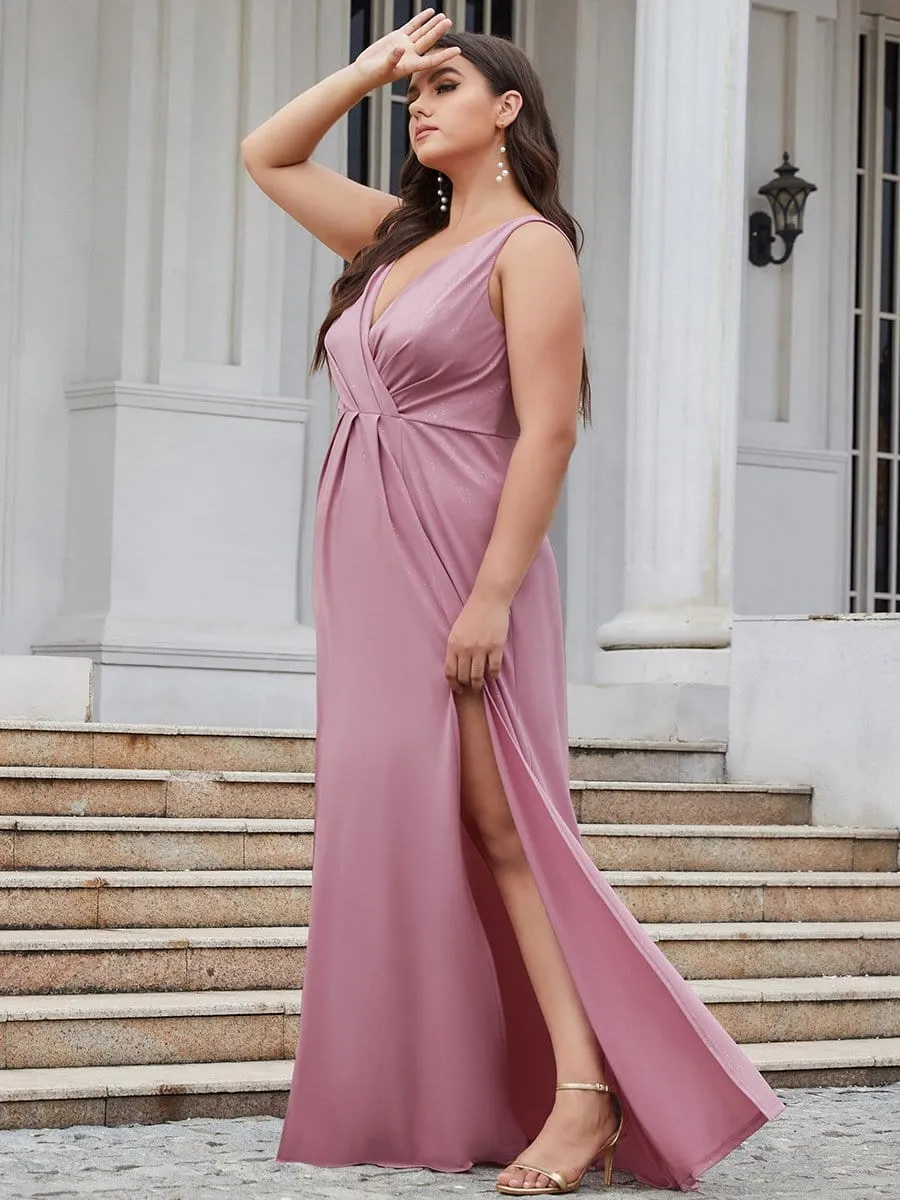 Plus Size Shiny V Neck Side Split Evening Dress