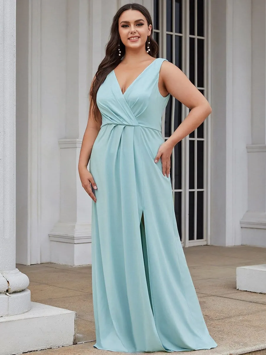 Plus Size Shiny V Neck Side Split Evening Dress