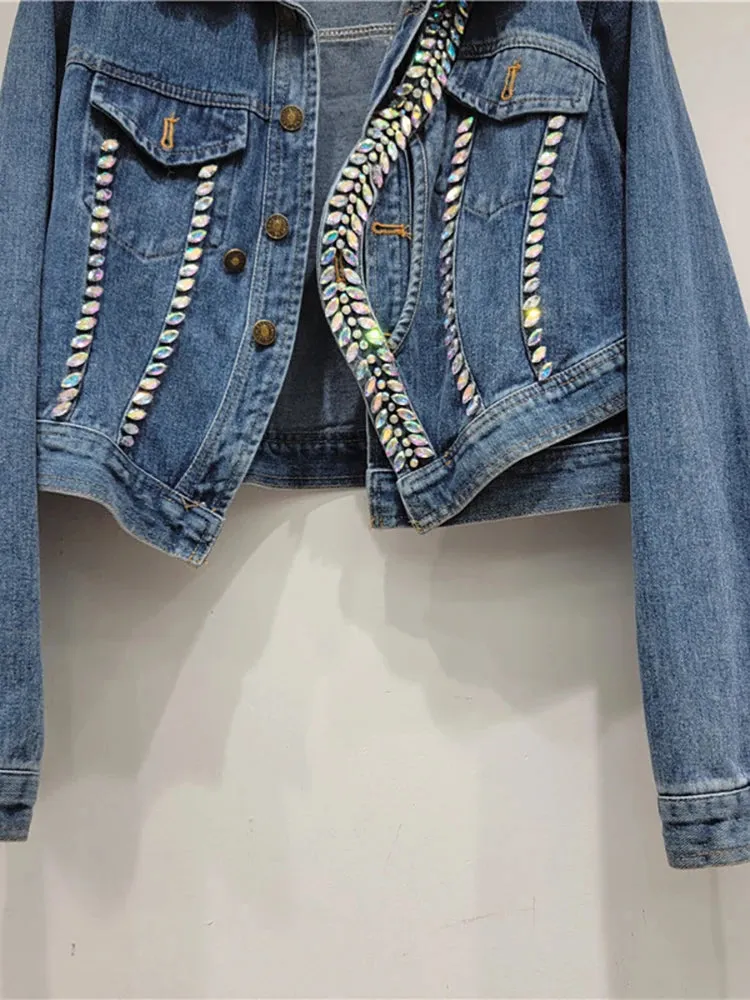 Pre Order:  Denim Splicing Asymmetry Crystal Single Breasted Jacket