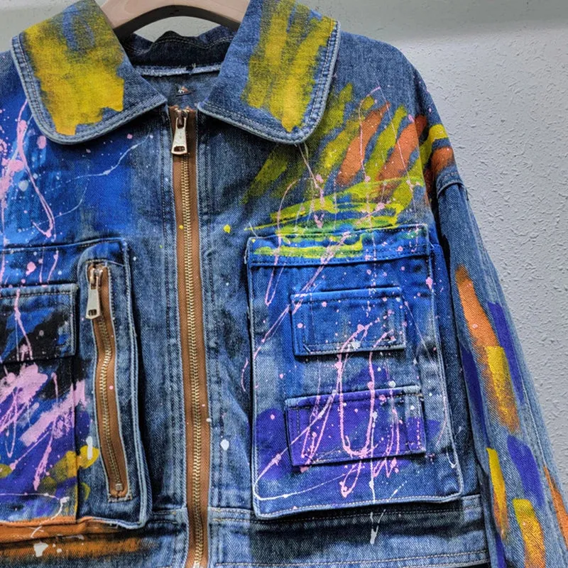 Pre Order:  Hand Drawn Graffiti Denim Loose Short Jacket