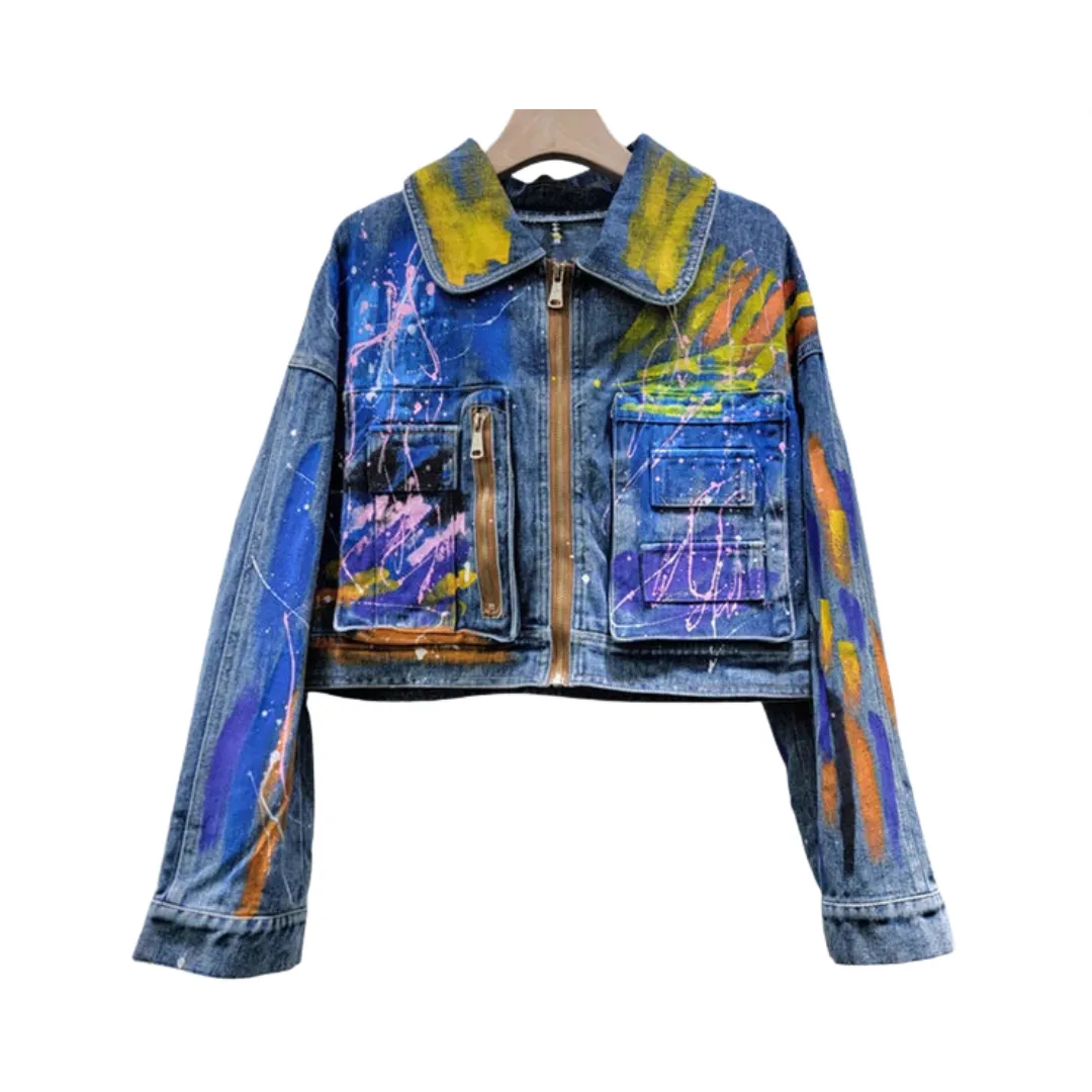 Pre Order:  Hand Drawn Graffiti Denim Loose Short Jacket