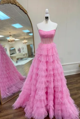 Princess Strapless Pink Tulle Long Prom Dress, Shiny Pink Formal Graduation Evening Dress A2062