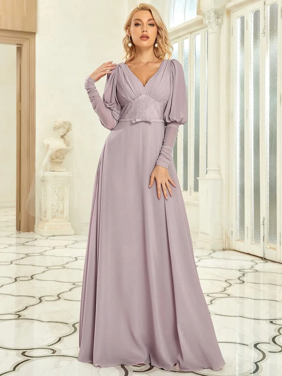 Puffed Sleeve Leg-O-Mutton Vintage Belted Chiffon Evening Dress