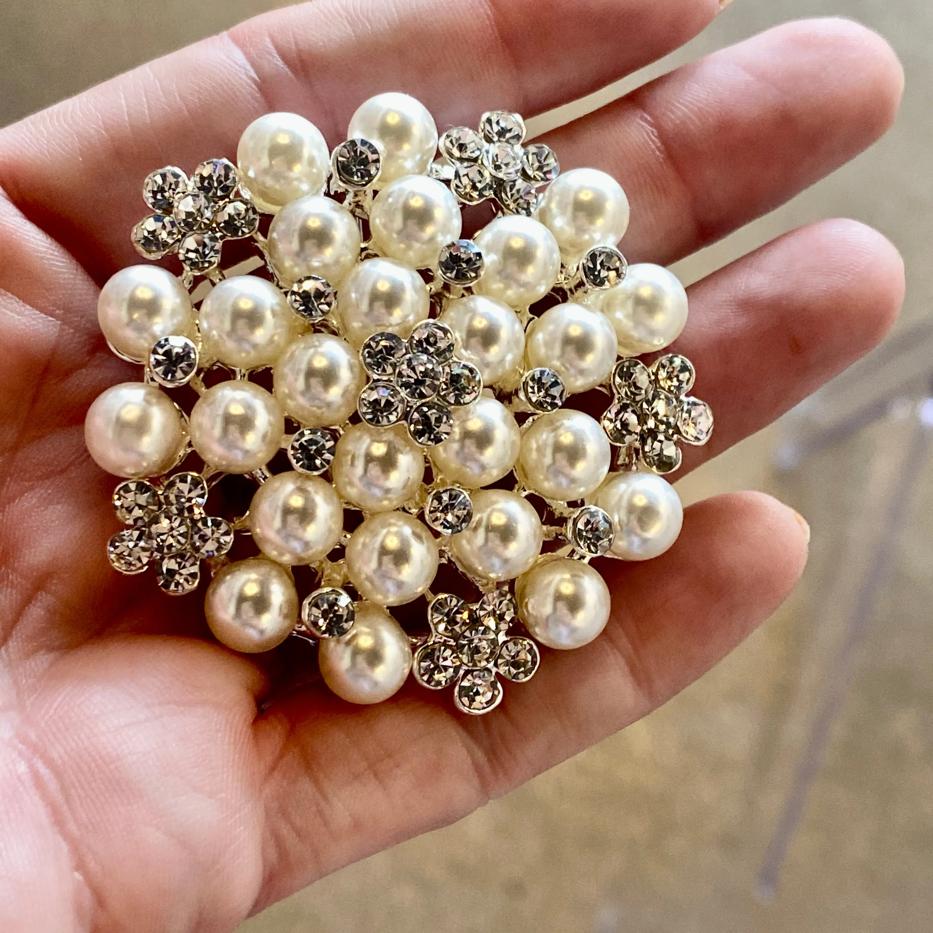 Rosette Brooch with Shell Pearls and Cubic Zirconia