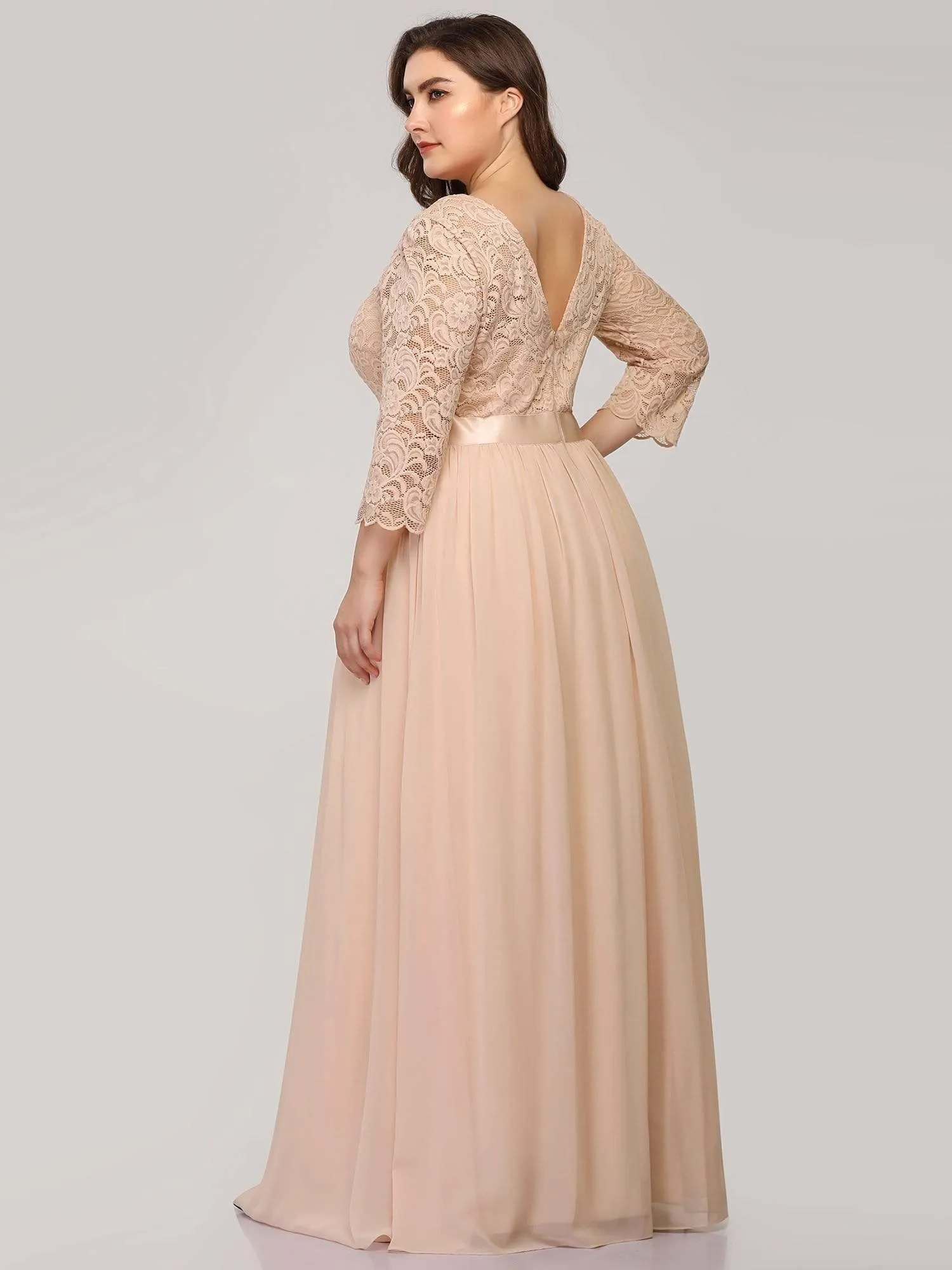 See-Through Floor Length Lace Chiffon Evening Dress with Half Sleeve