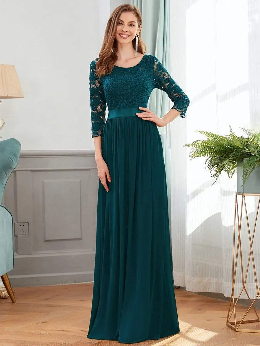 See-Through Floor Length Lace Chiffon Evening Dress with Half Sleeve